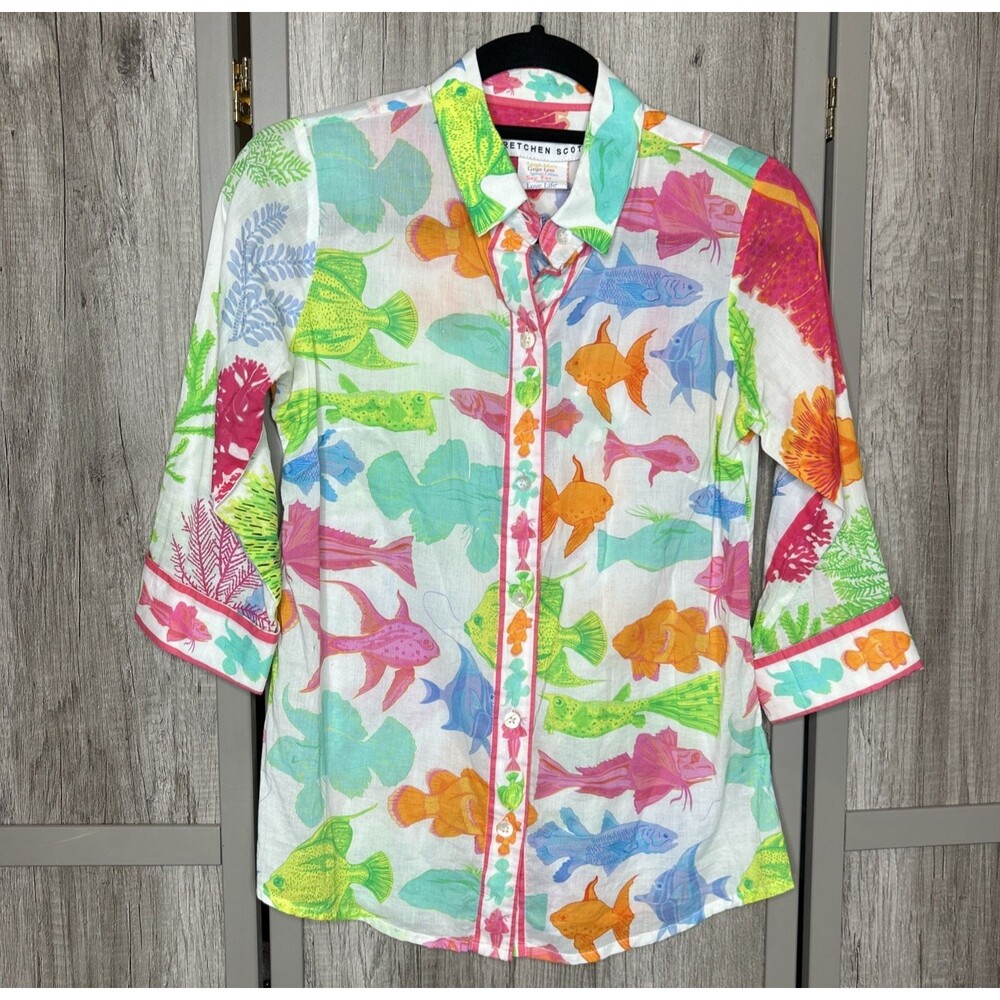 Gretchen Scott Top Button Down Bright Fish Print blouse Cotton